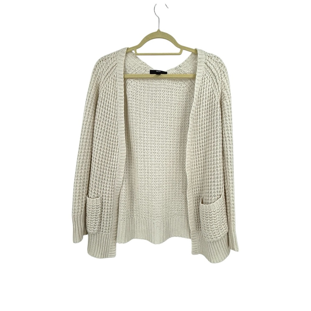 Cream Chunky Knit Open Front Cardigan Size S Textured Pockets Cozy Minimalist